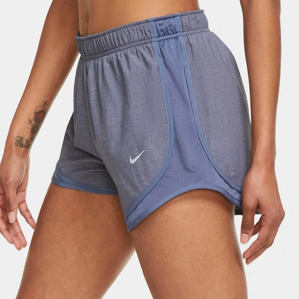 Nike Women's Grey blue Tempo 3” Inseam Running Shorts (obsidian heather) - small